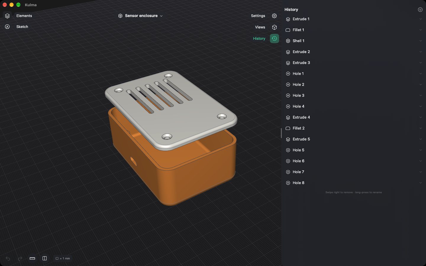 Kulma on a Mac: a sensor enclosure with a vented lid, and the History panel listing every step that made it